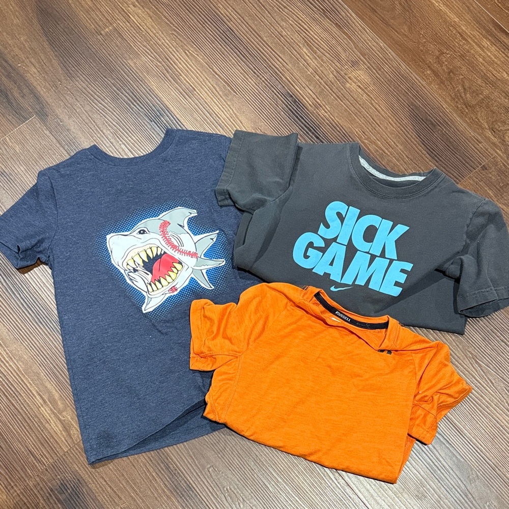 Kids Graphic T-Shirts - Shark, Sick Game, and Orange